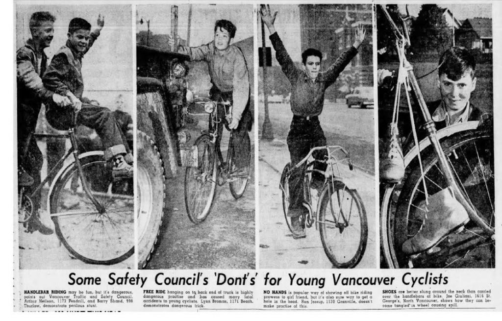 Clippings from the Vancouver Sun in the 1950s. “Look ma, no hands!” Then, “Look ma, no teeth! COLLECTION OF JOHN BELSHAW