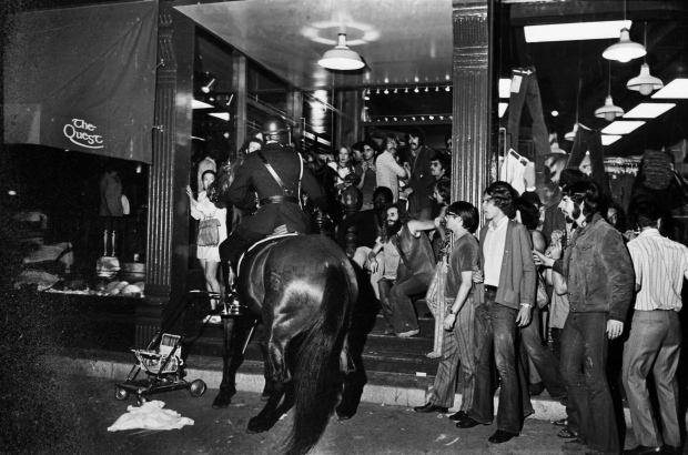 August 7, 1971. The Gastown Riot occurred when 2,000 people went to Gastown to protest the illegality of marijuana. Police on horseback were called in to break it up, arresting 79 and charging 38. A later judicial inquiry headed by Justice Thomas Dohm criticized the action, characterizing it as a ’police riot.’ (Glenn Baglo/PNG) Source: CBC