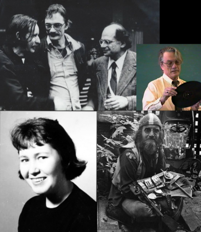 A partial cast of characters, clockwise from top left: Gerry Gilbert, George Bowering and Allen Ginsberg; Bowering later in life; Al Neil; Gladys Maria Hindmarch. PHOTOS COURTESY OF GREGORY BETTS