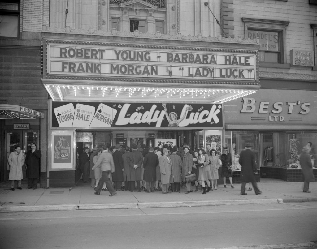 Built in 1927, the Orpheum was the largest vaudeville theatre in Canada, designed by Benjamin Marcus Priteca, the star designer for the Pantages chain. 1946 photo by Jack Lindsay. AM1184-S1-: CVA 1184-2306