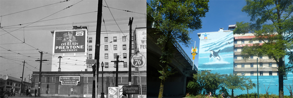 The Continental Hotel at Granville Street near Pacific Street (then and now)
